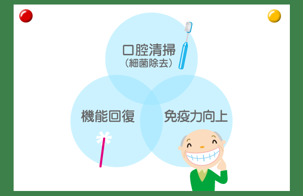 グラフ：「口腔清掃（細菌除去）」「口腔機能回復」「免疫力向上」の3つ